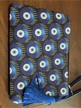 Blue Evil Eye Tassel Wristlet Clutch